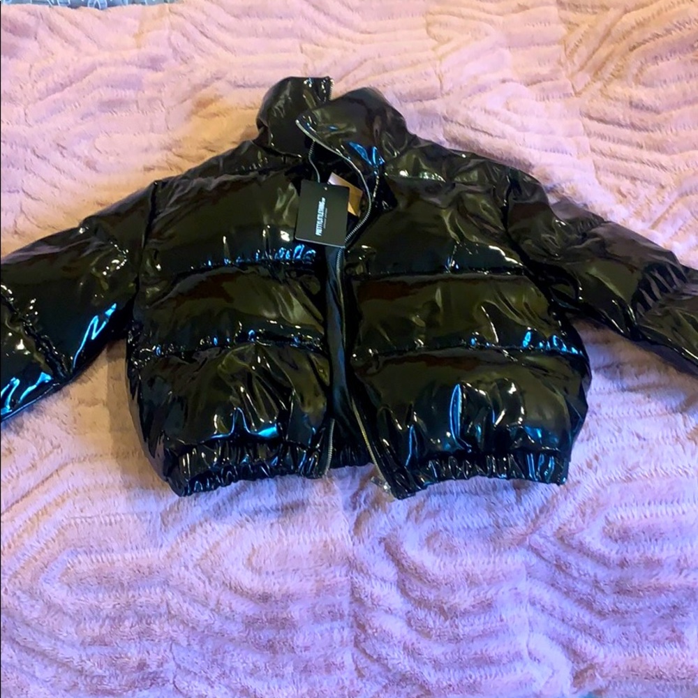 Black vinyl puffer coat